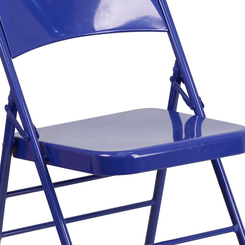 Cobalt Blue Triple Braced & Double Hinged Metal Folding Chair. Picture 16
