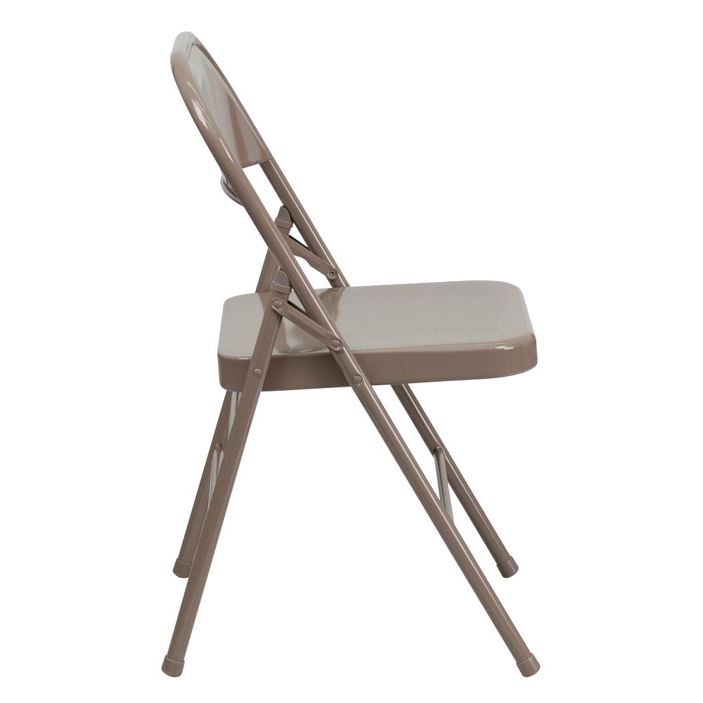 HERCULES Series Triple Braced & Double Hinged Beige Metal Folding Chair. Picture 3