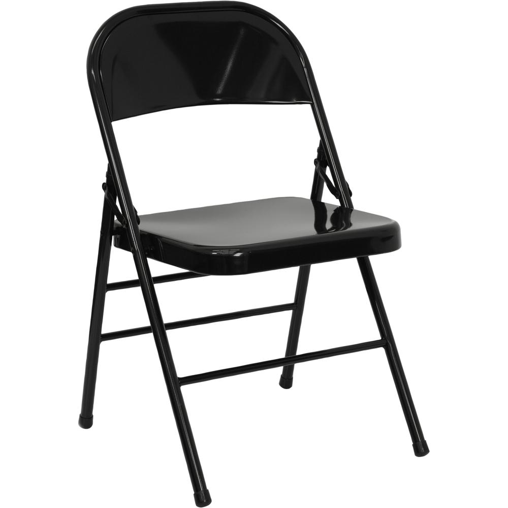 Triple Braced & Double Hinged Black Metal Folding Chair. Picture 10