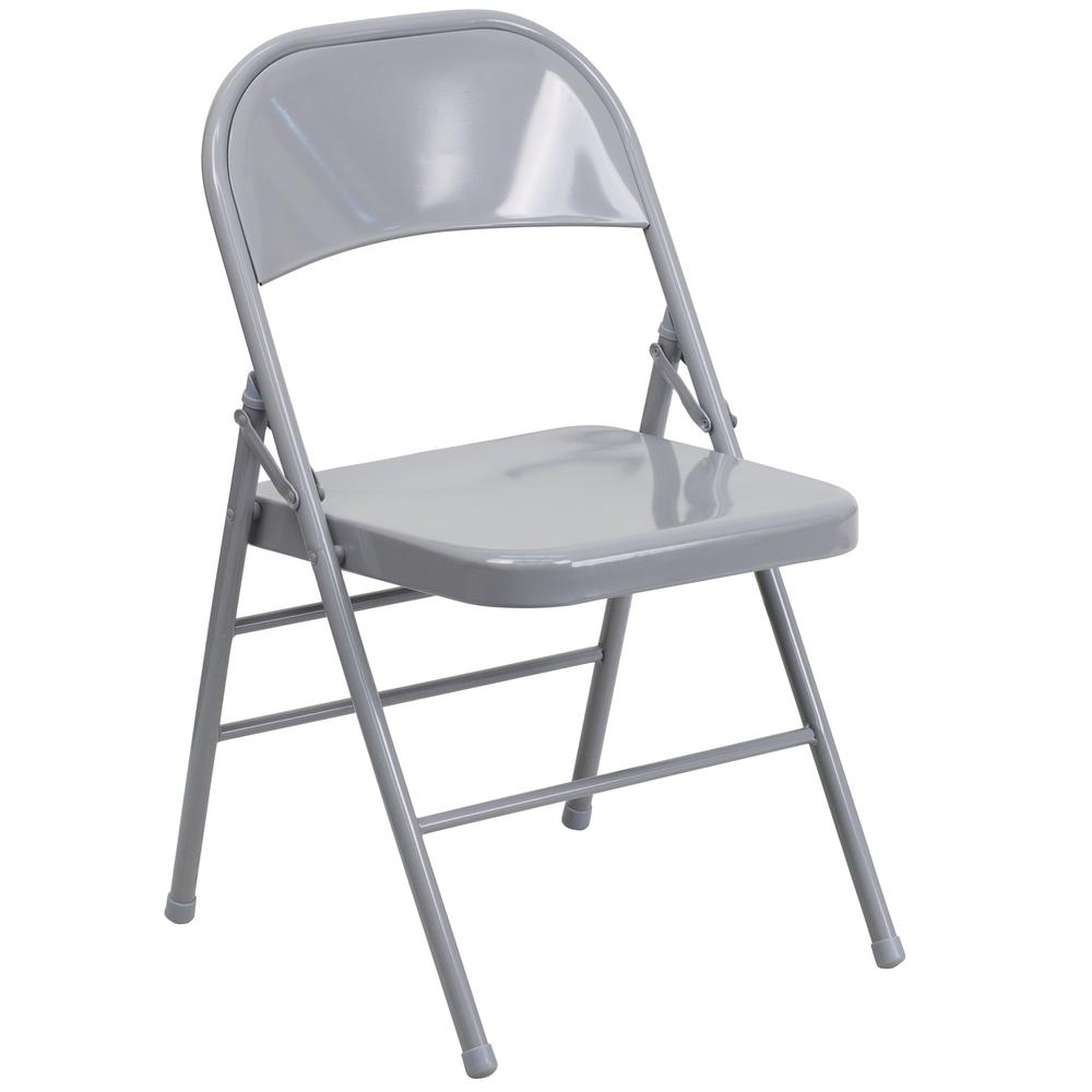 Triple Braced & Double Hinged Gray Metal Folding Chair. Picture 10