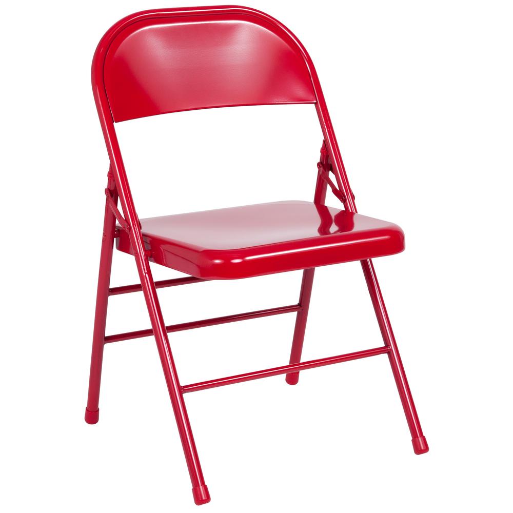 Triple Braced & Double Hinged Red Metal Folding Chair. Picture 10