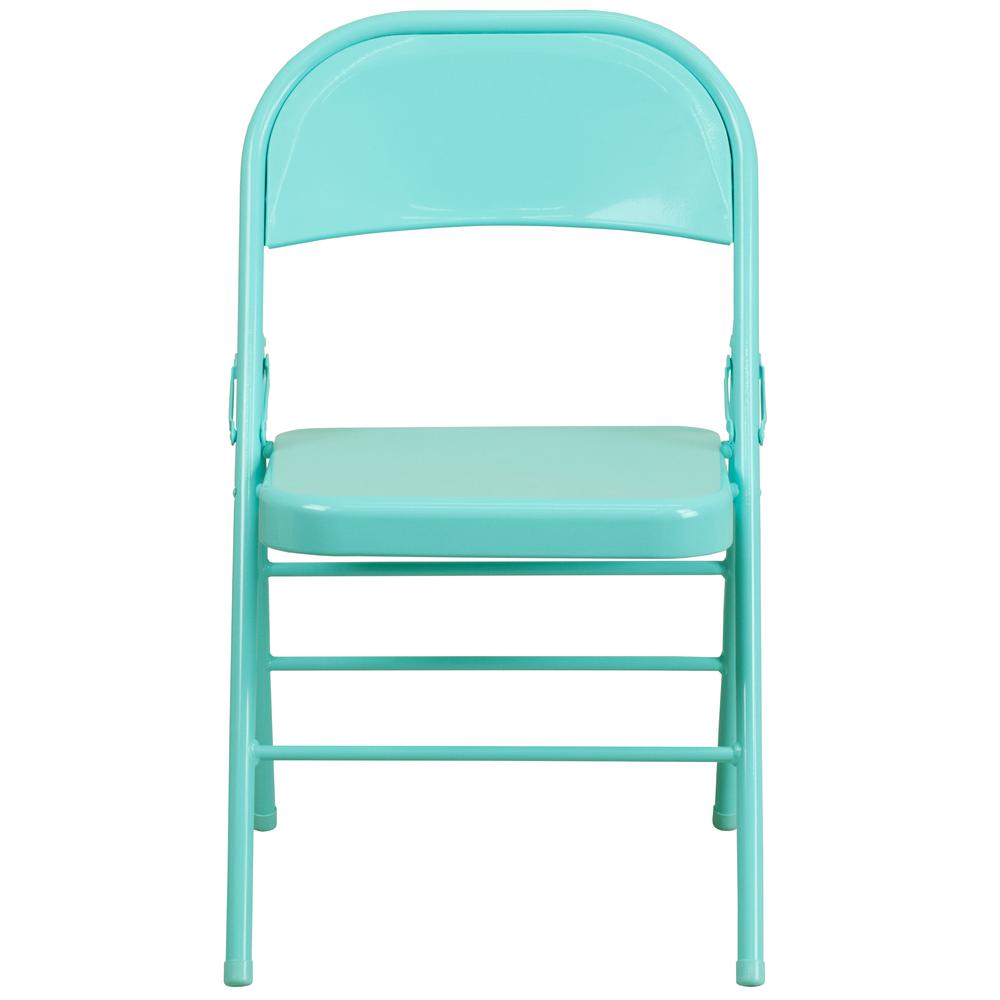 Tantalizing Teal Triple Braced & Double Hinged Metal Folding Chair. Picture 14