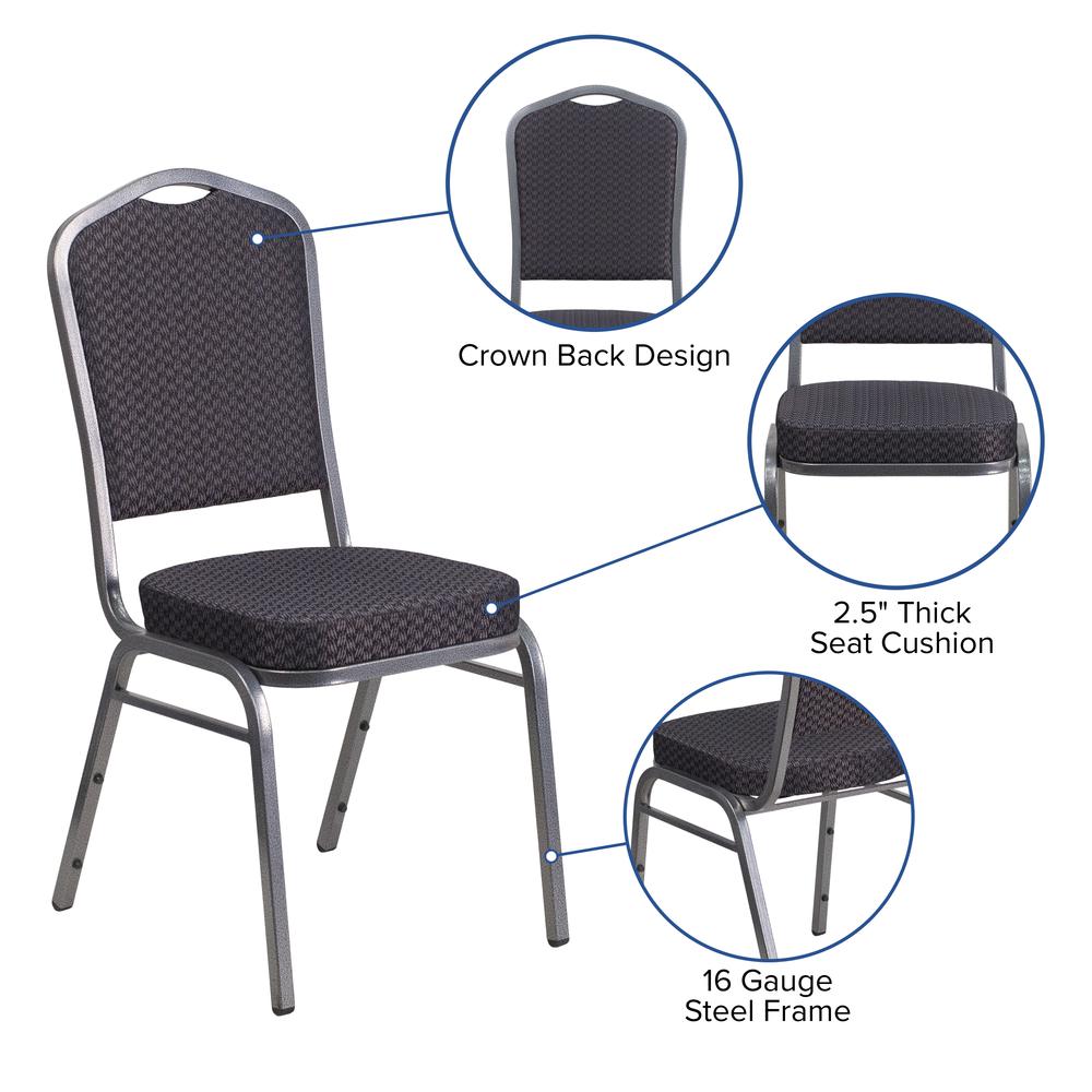 Crown Back Stacking Banquet Chair in Black Patterned Fabric - Silver Vein Frame. Picture 6