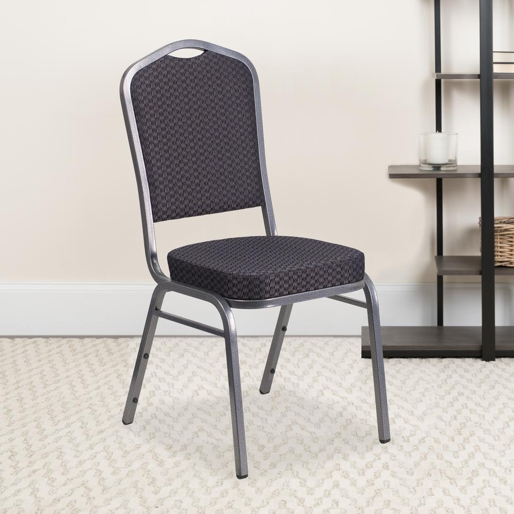 Crown Back Stacking Banquet Chair in Black Patterned Fabric - Silver Vein Frame. Picture 9