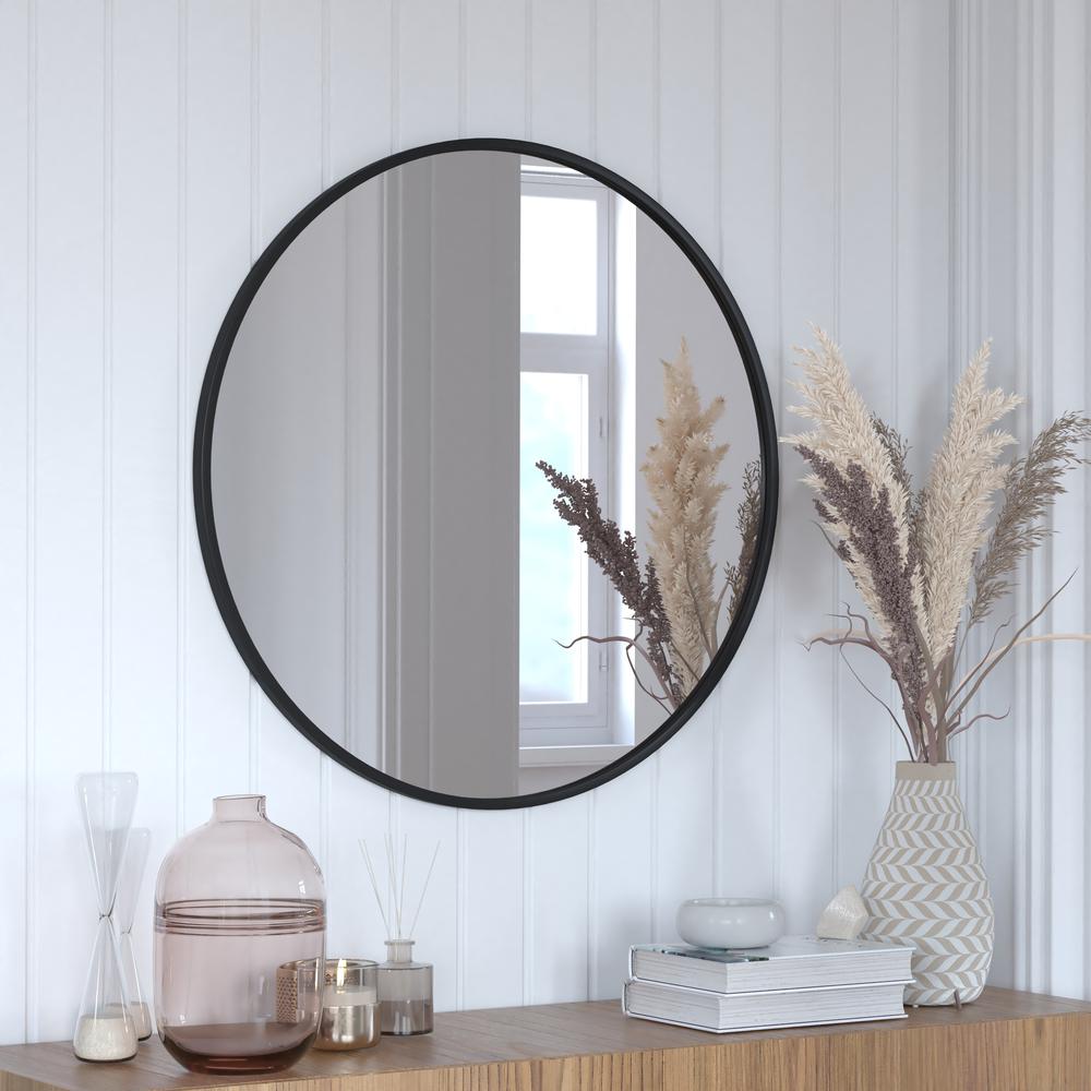 30" Round Black Metal Framed Wall Mirror. Picture 1