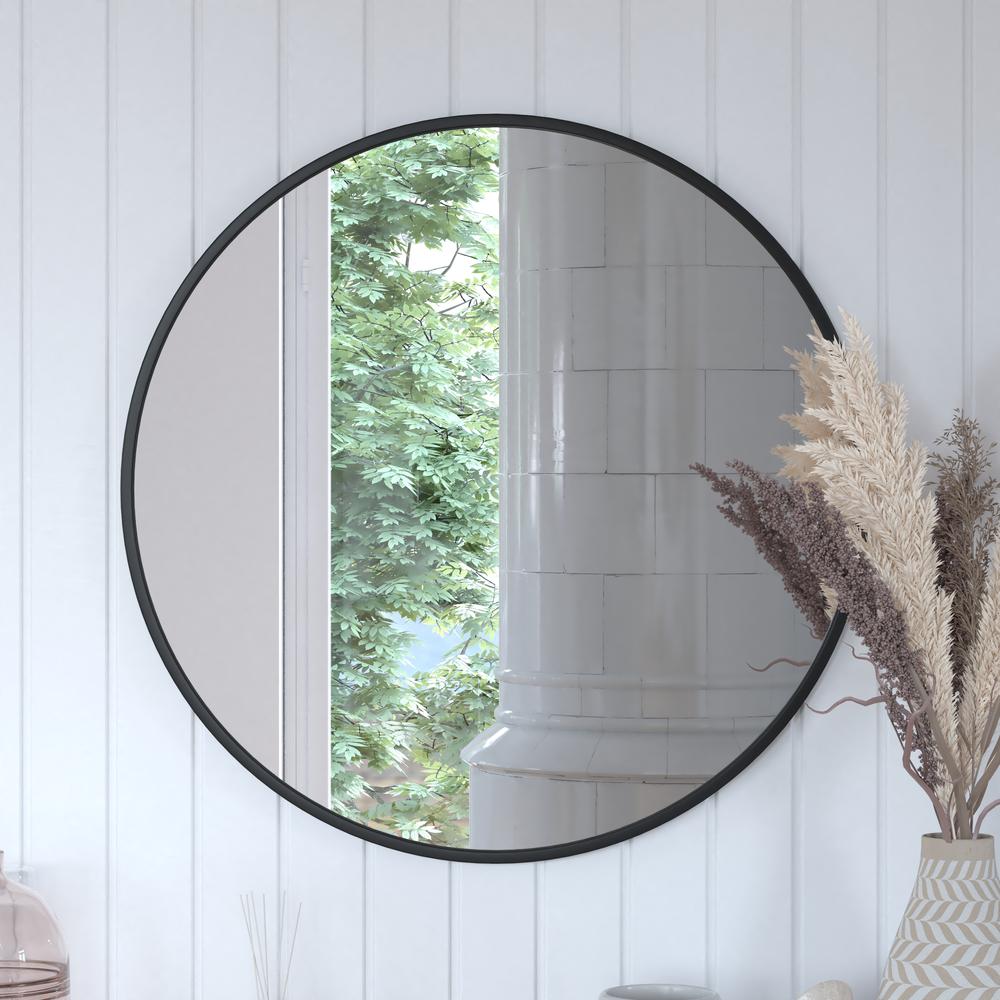 30" Round Black Metal Framed Wall Mirror. Picture 7