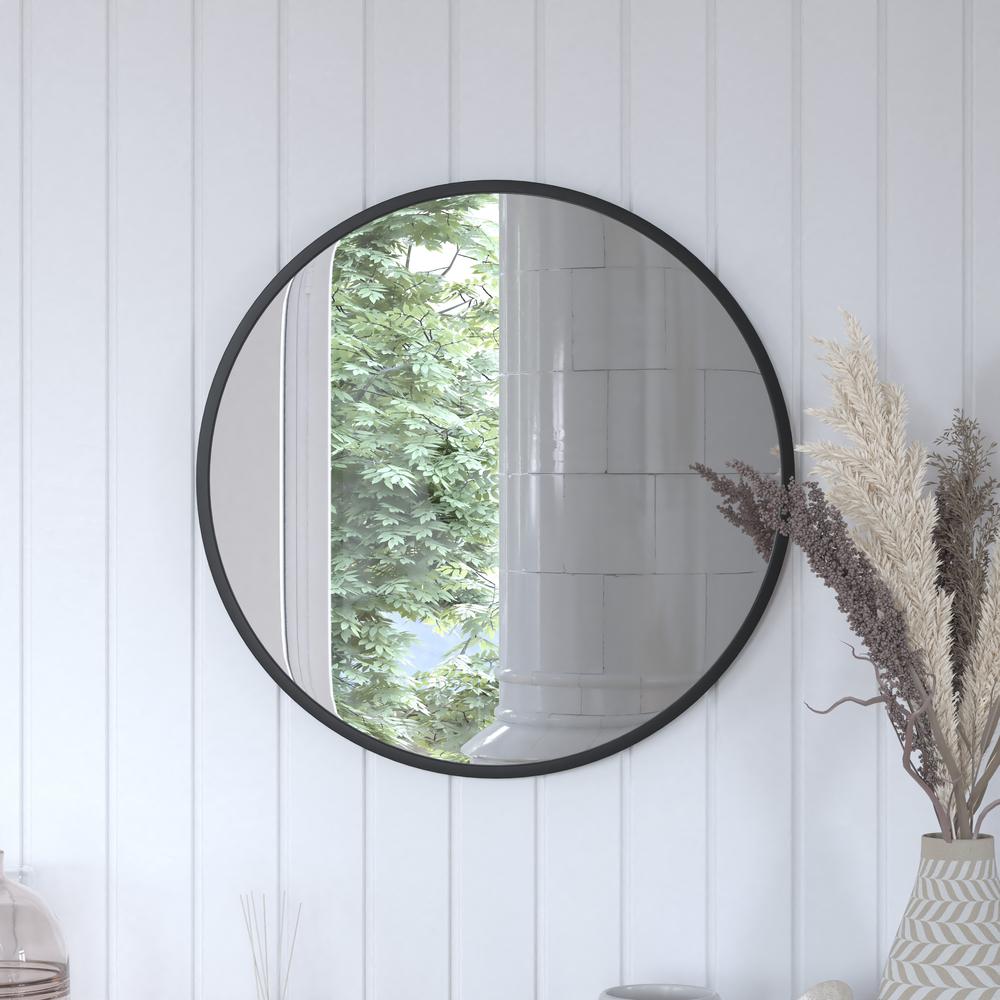 24" Round Black Metal Framed Wall Mirror. Picture 7