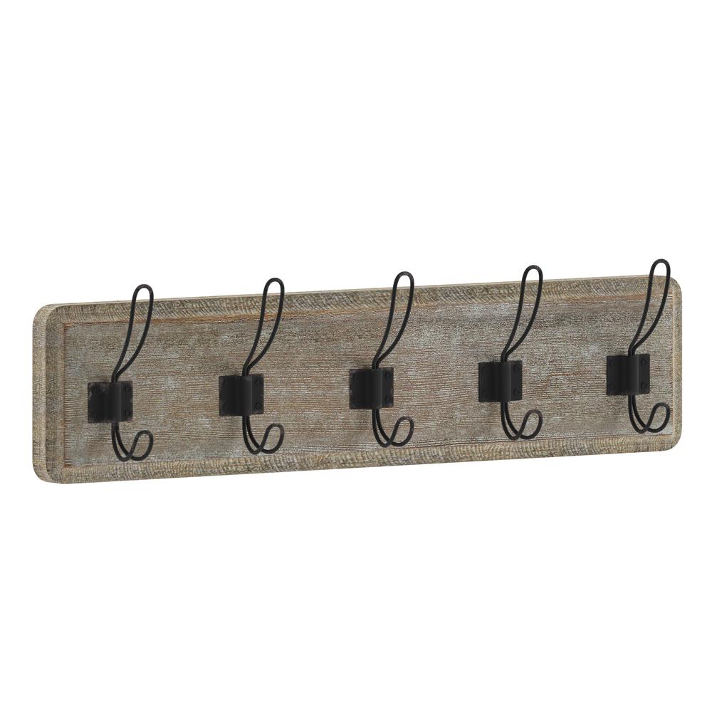 Wall Mounted 24 in Weathered Solid Pine Wood Storage Rack with 5 Hooks. Picture 2