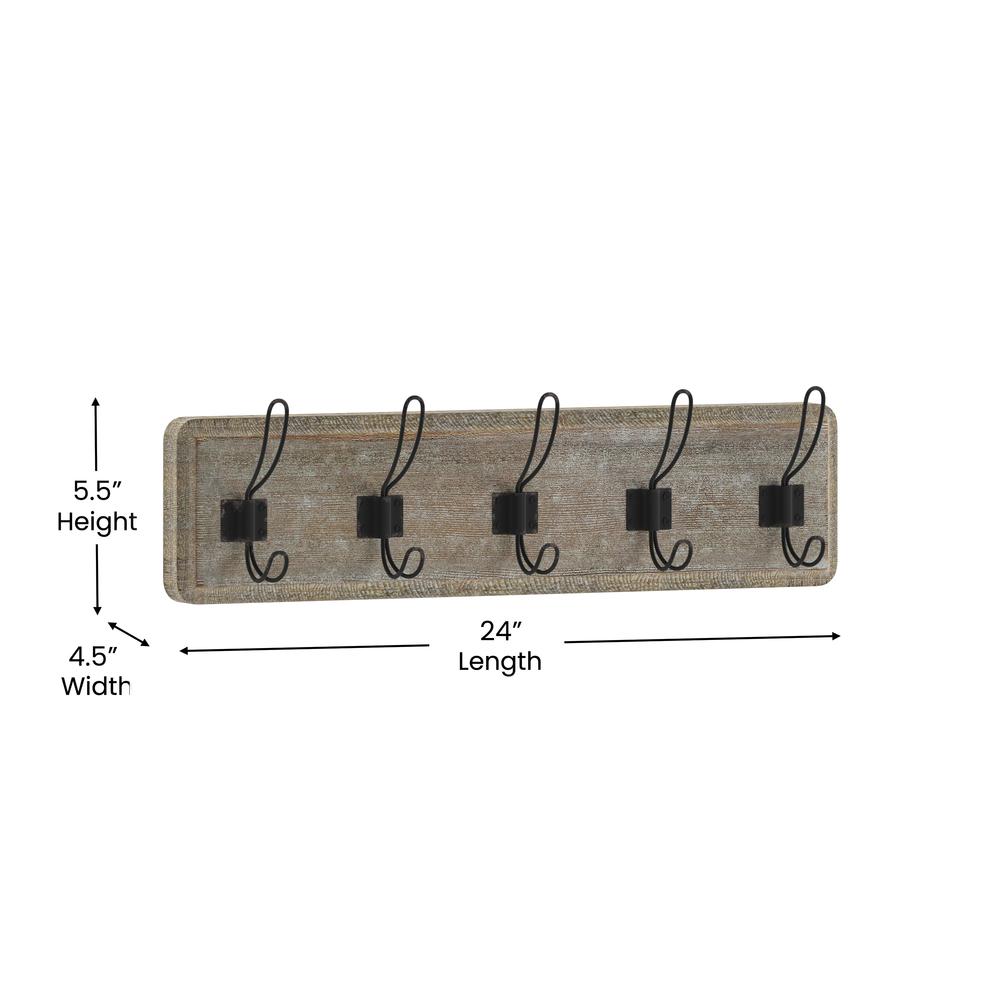 Wall Mounted 24 in Weathered Solid Pine Wood Storage Rack with 5 Hooks. Picture 5