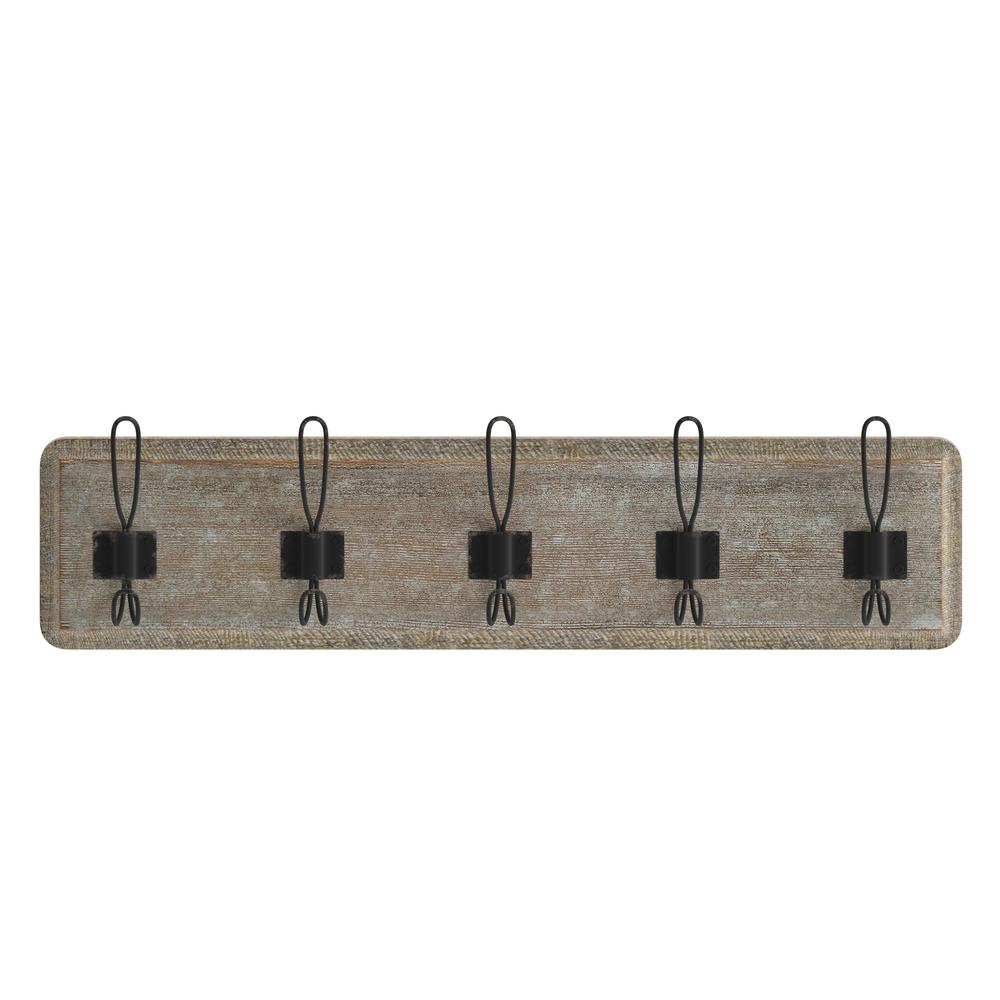 Wall Mounted 24 in Weathered Solid Pine Wood Storage Rack with 5 Hooks. Picture 11