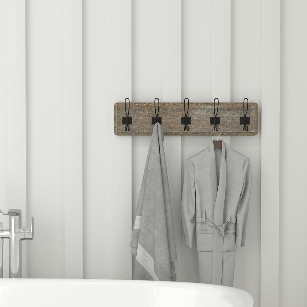 Wall Mounted 24 in Weathered Solid Pine Wood Storage Rack with 5 Hooks. Picture 6