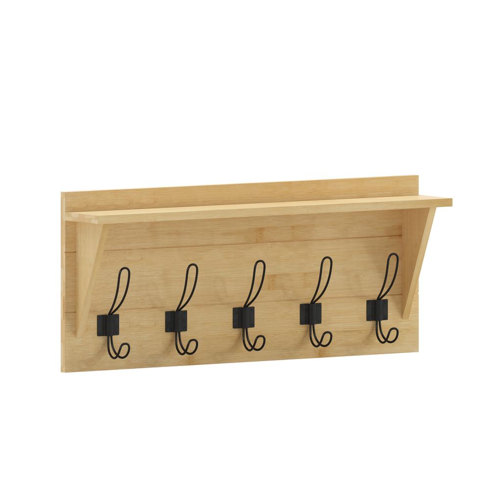 Wall Mounted 24 in Brown Solid Pine Wood Storage Rack with 5 Hooks. Picture 2