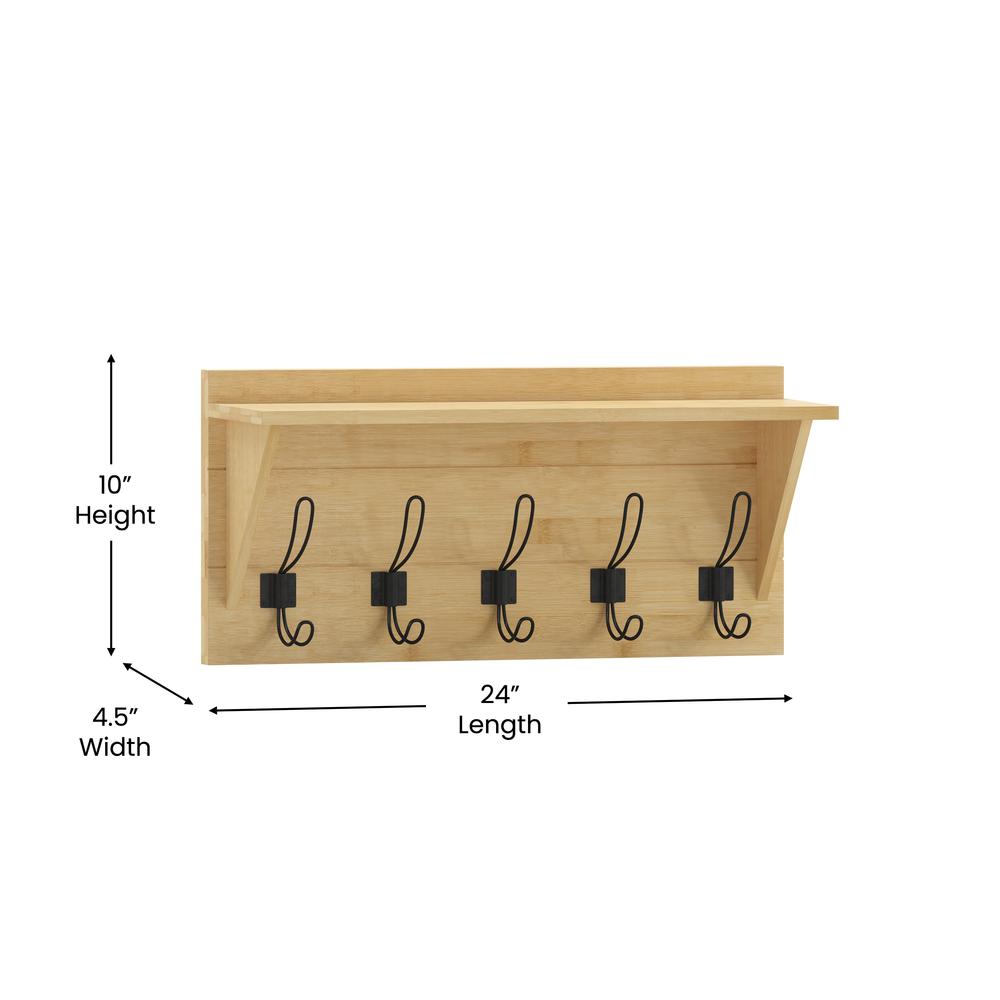 Wall Mounted 24 in Brown Solid Pine Wood Storage Rack with 5 Hooks. Picture 5