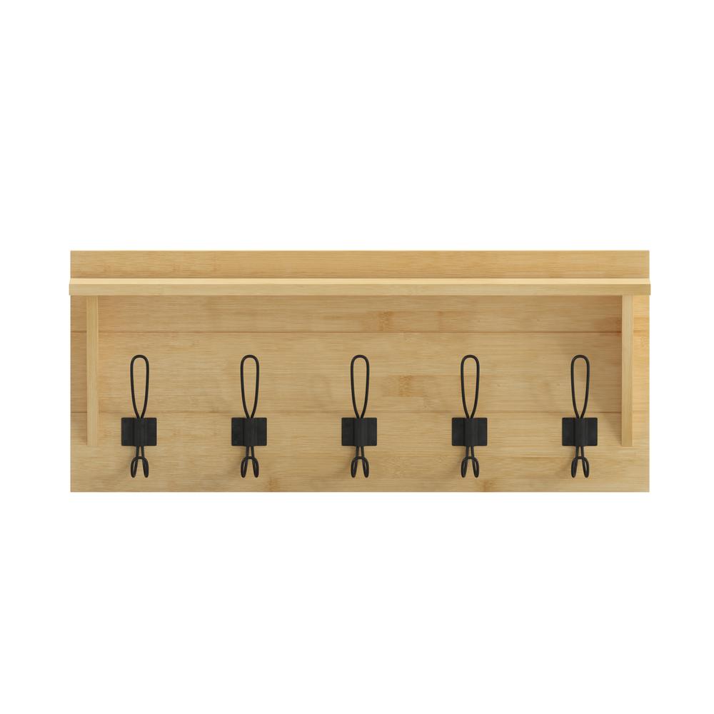 Wall Mounted 24 in Brown Solid Pine Wood Storage Rack with 5 Hooks. Picture 11