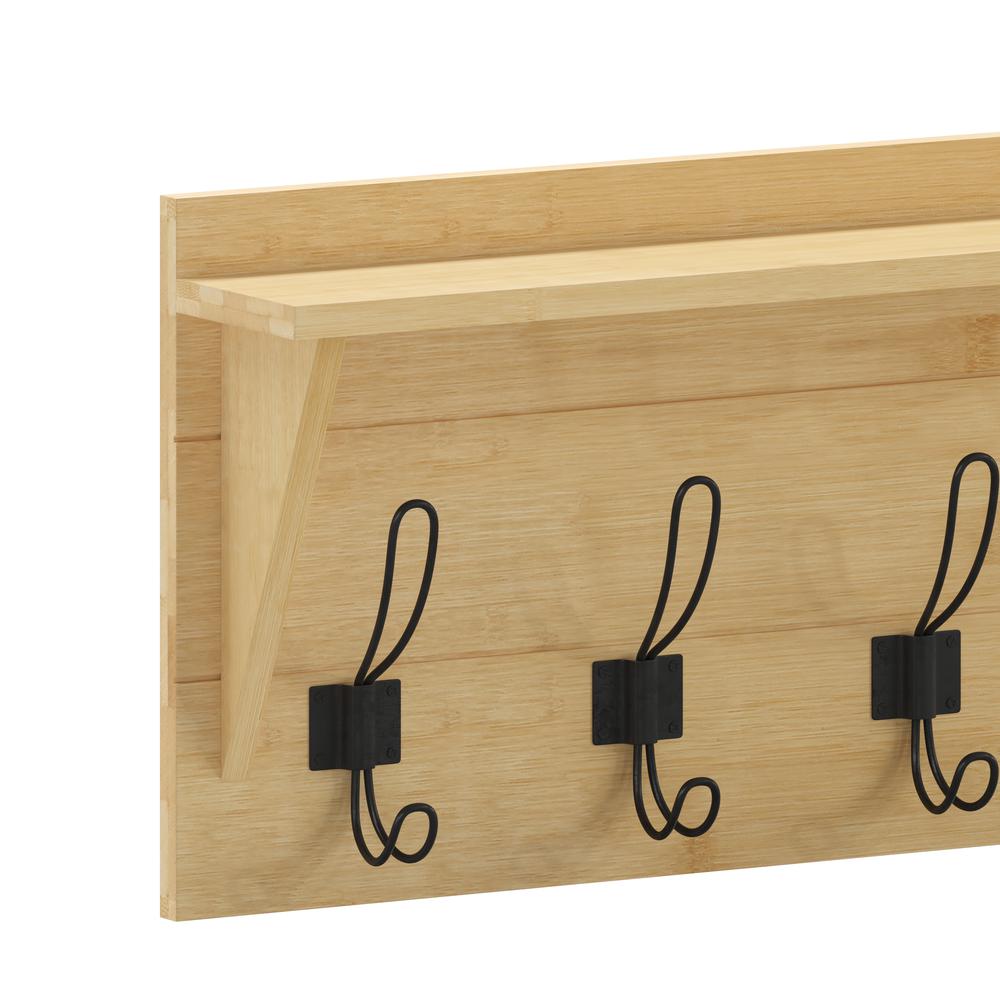 Wall Mounted 24 in Brown Solid Pine Wood Storage Rack with 5 Hooks. Picture 9