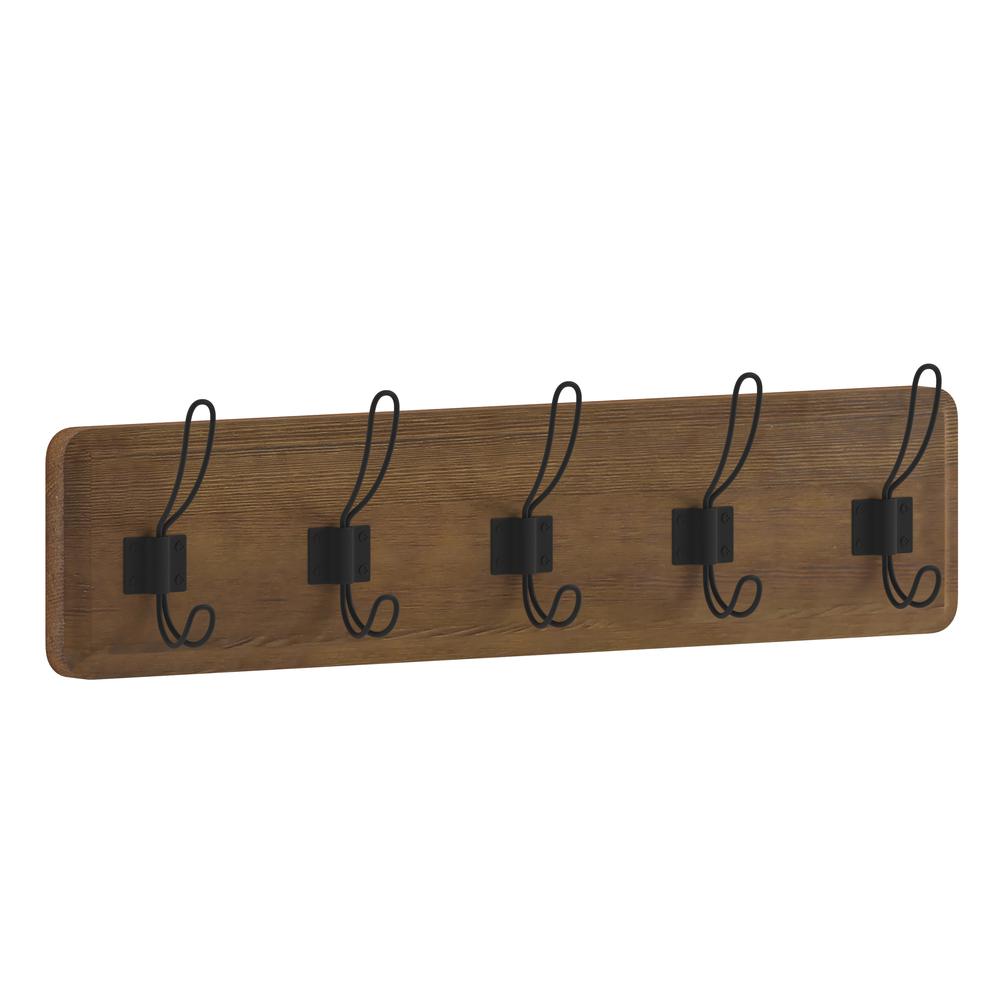 Daly Wall Mounted 24 Inch Classic Brown Solid Pine Wood Storage Rack with 5 Hooks For Entryway, Kitchen, Bathroom. Picture 2