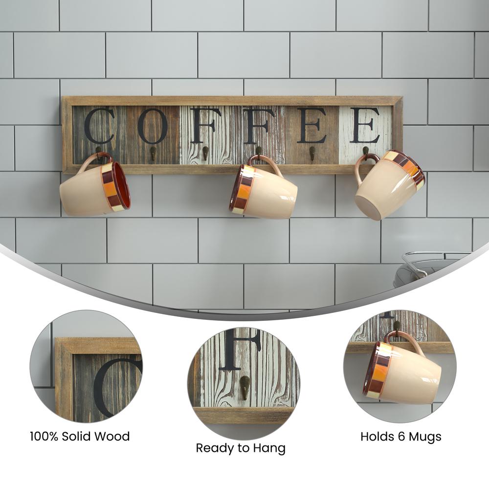 Wooden Wall Mount 6 Cup Distressed Wood Grain Printed COFFEE Mug Organizer. Picture 4