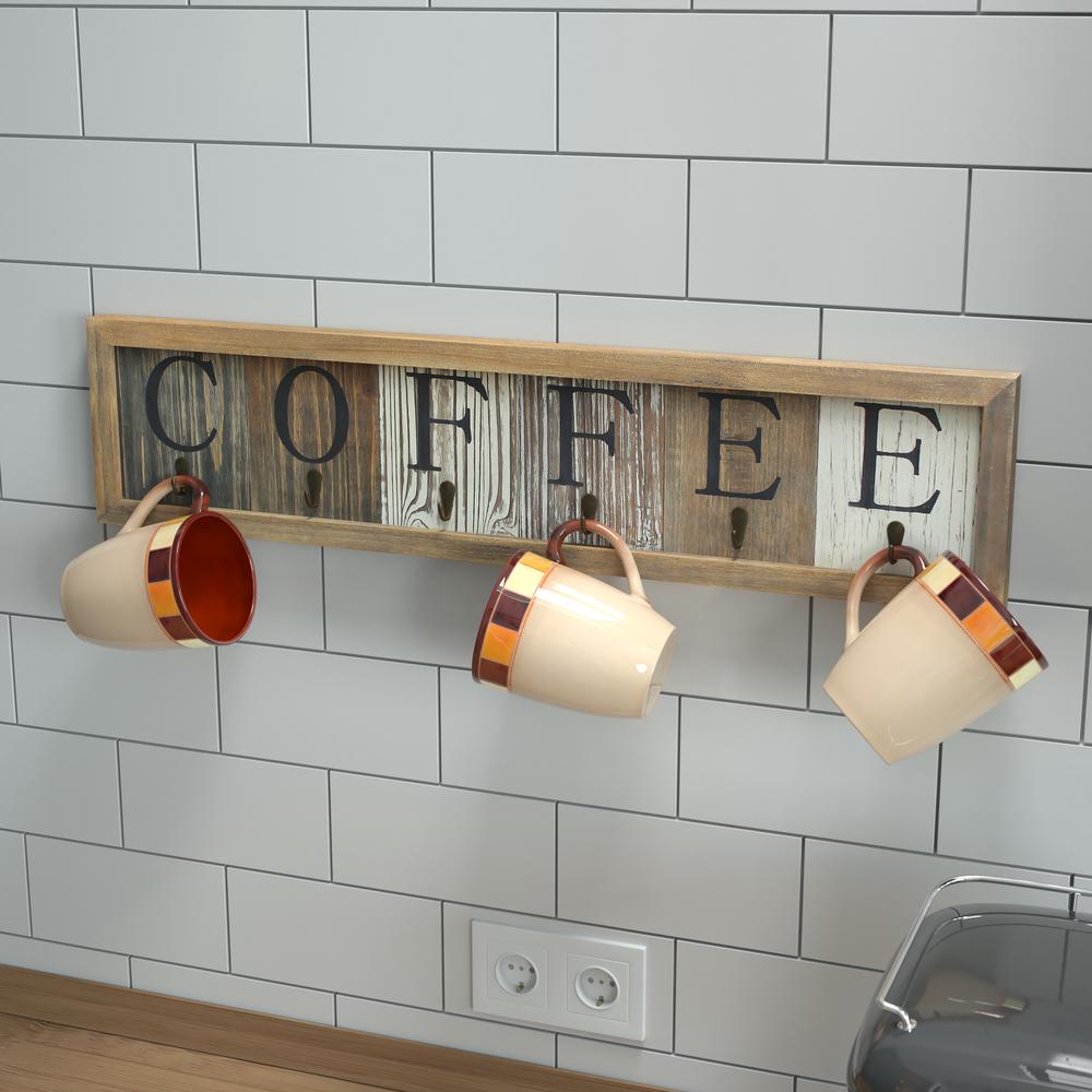 Wooden Wall Mount 6 Cup Distressed Wood Grain Printed COFFEE Mug Organizer. Picture 7