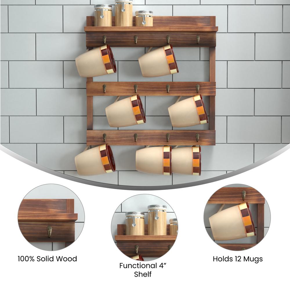Wooden Wall Mount 12 Cup Mug Rack Organizer,  Brown. Picture 4