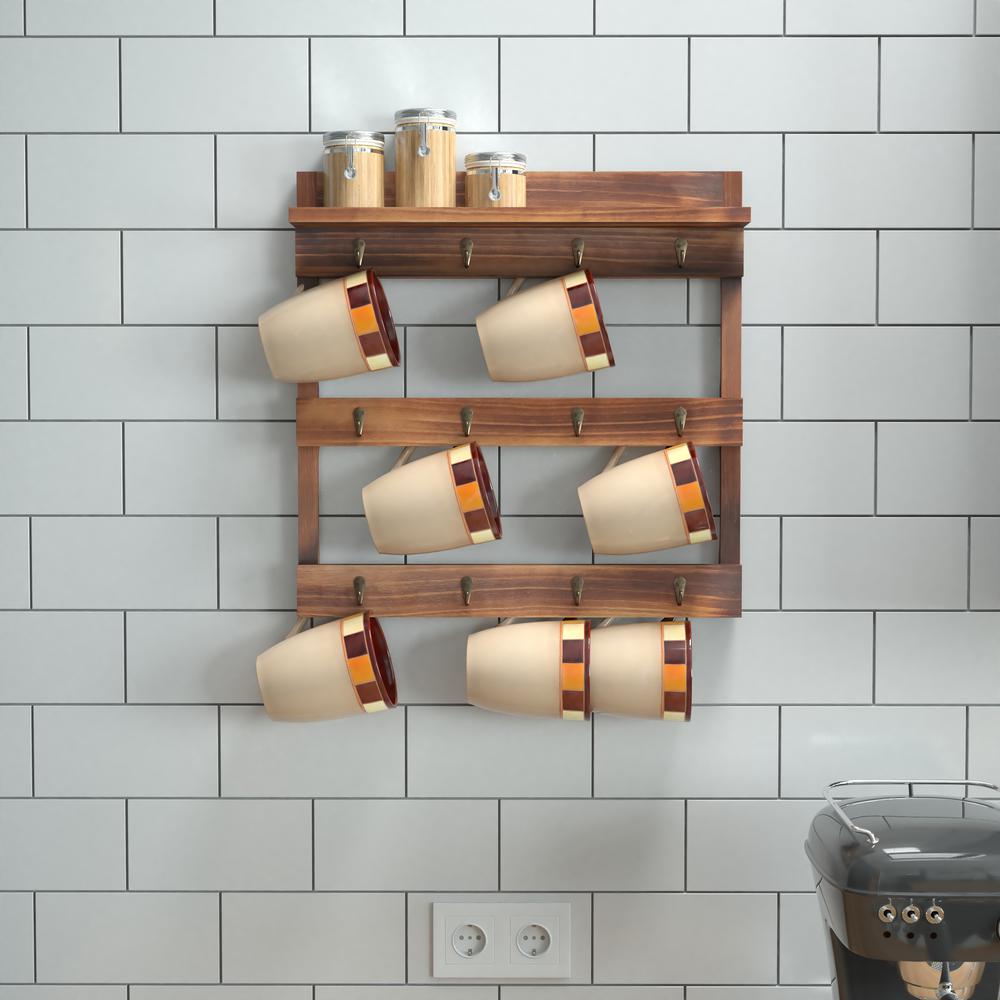 Wooden Wall Mount 12 Cup Mug Rack Organizer,  Brown. Picture 6