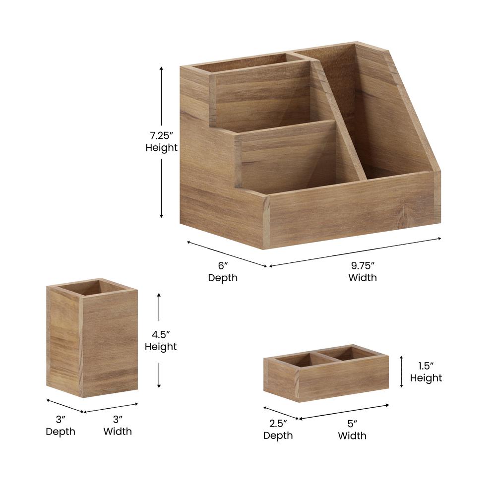 3 Piece Wooden Organizer Set For Desktop, Table Top, or Vanity in Rustic Brown. Picture 5
