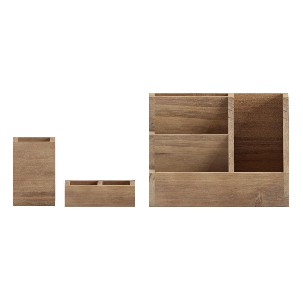 3 Piece Wooden Organizer Set For Desktop, Table Top, or Vanity in Rustic Brown. Picture 11