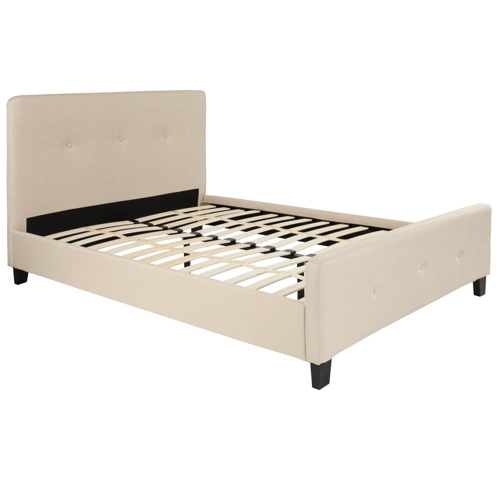 Full Size Three Button Tufted Upholstered Platform Bed in Beige Fabric. Picture 1