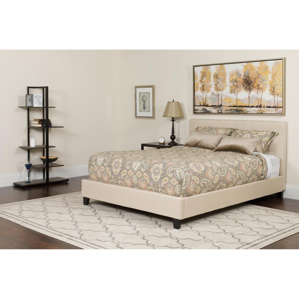 Full Size Three Button Tufted Upholstered Platform Bed in Beige Fabric. Picture 4