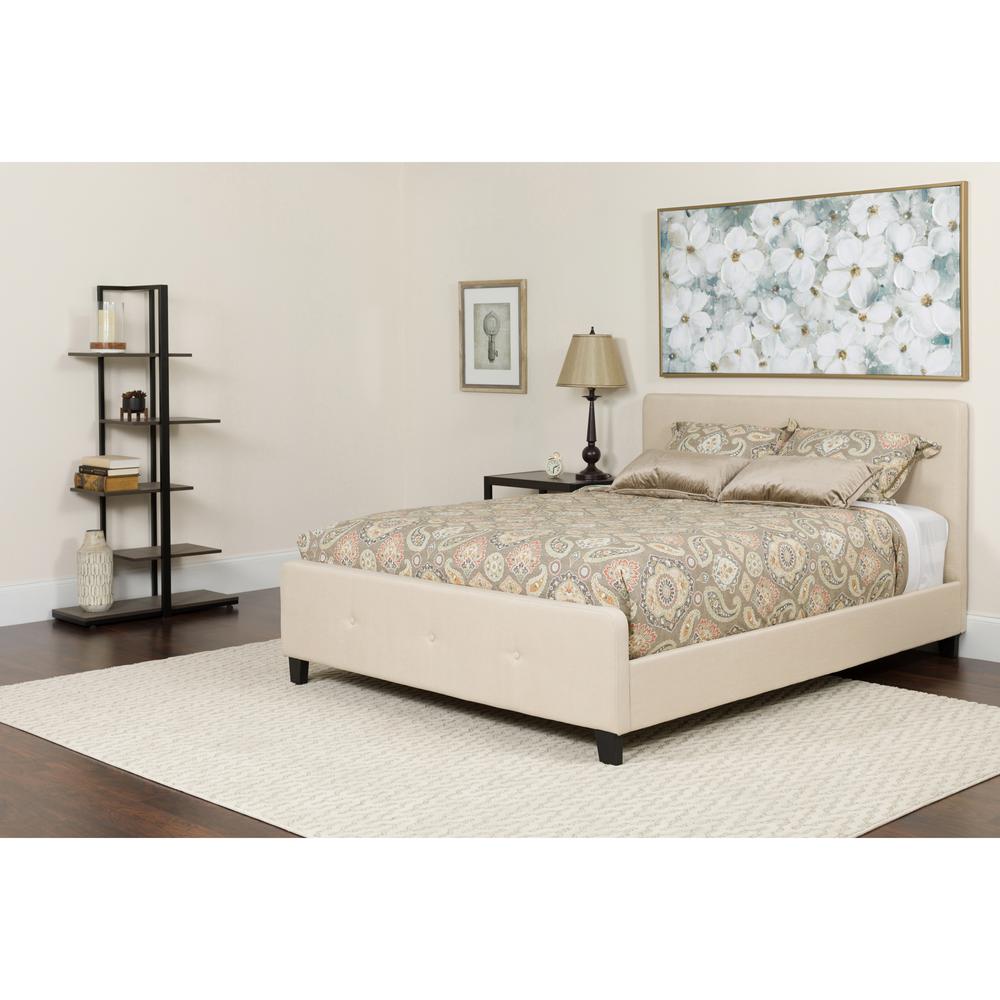 King Size Tufted Upholstered Platform Bed in Beige Fabric. Picture 1