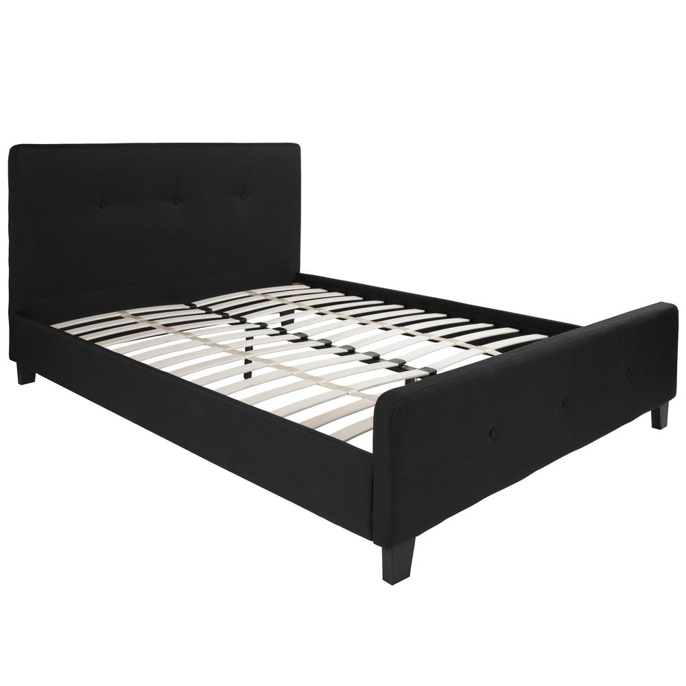 Queen Size Three Button Tufted Upholstered Platform Bed in Black Fabric. The main picture.