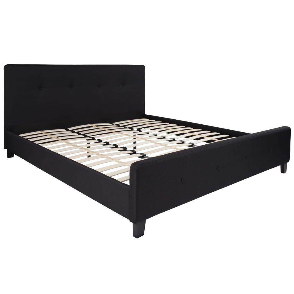 King Size Four Button Tufted Upholstered Platform Bed in Black Fabric. Picture 1