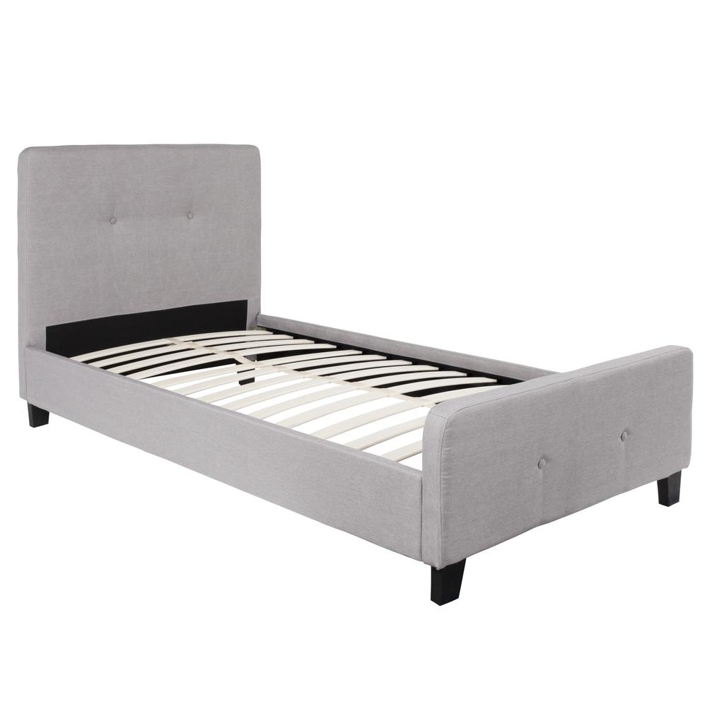 Twin Size Two Button Tufted Upholstered Platform Bed in Light Gray Fabric. Picture 1