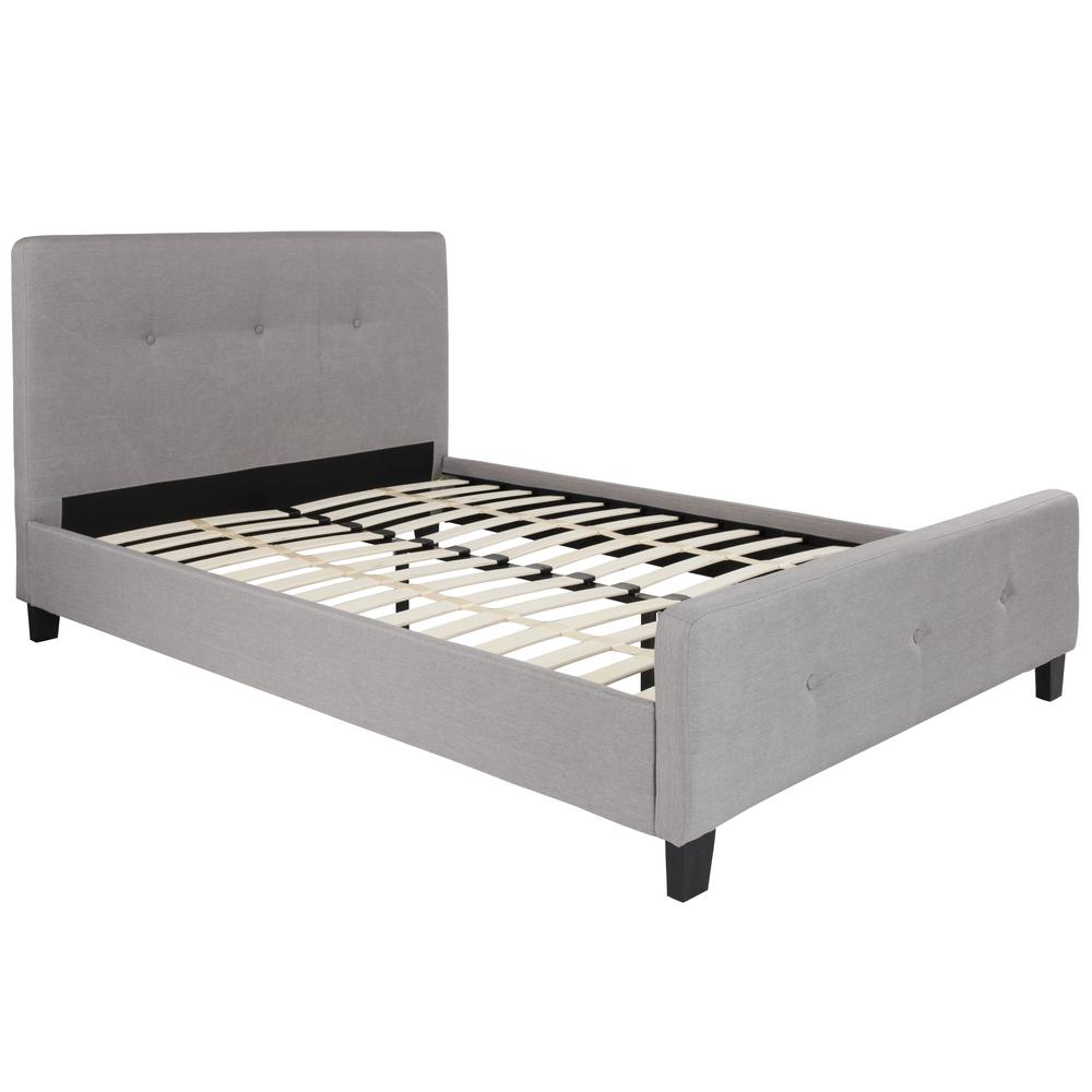 Full Size Three Button Tufted Upholstered Platform Bed in Light Gray Fabric. Picture 1