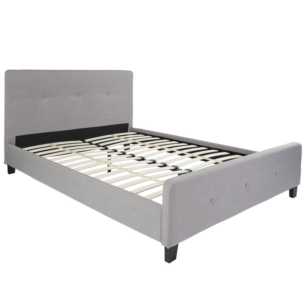 Queen Size Three Button Tufted Upholstered Platform Bed in Light Gray Fabric. Picture 1