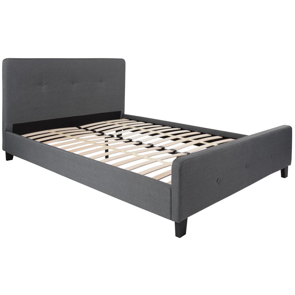Queen Size Three Button Tufted Upholstered Platform Bed in Dark Gray Fabric. Picture 1