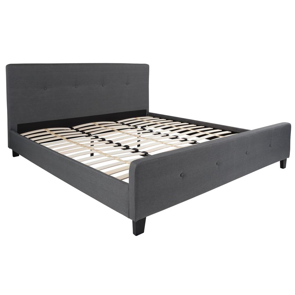 King Size Four Button Tufted Upholstered Platform Bed in Dark Gray Fabric. Picture 1