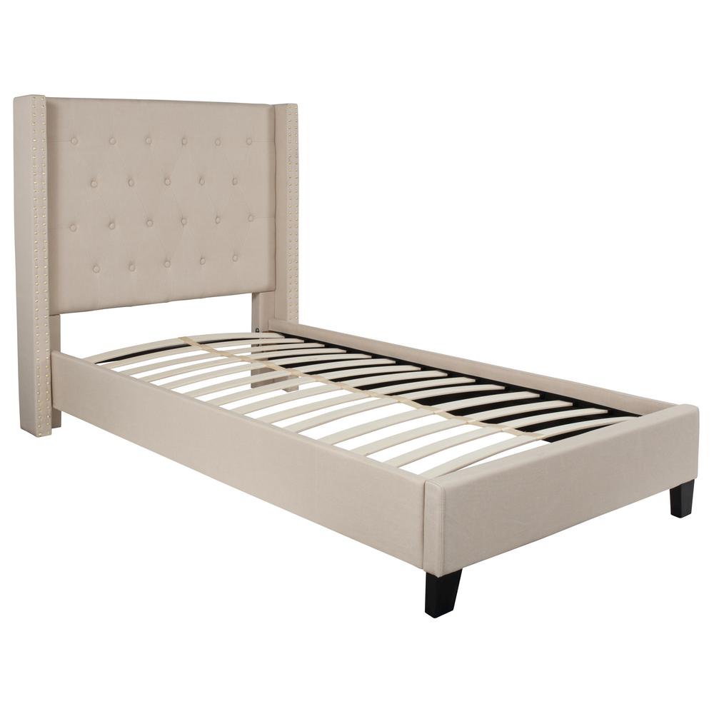 Twin Size Tufted Upholstered Platform Bed with Accent Nail Trimmed Extended Sides in Beige Fabric. Picture 1