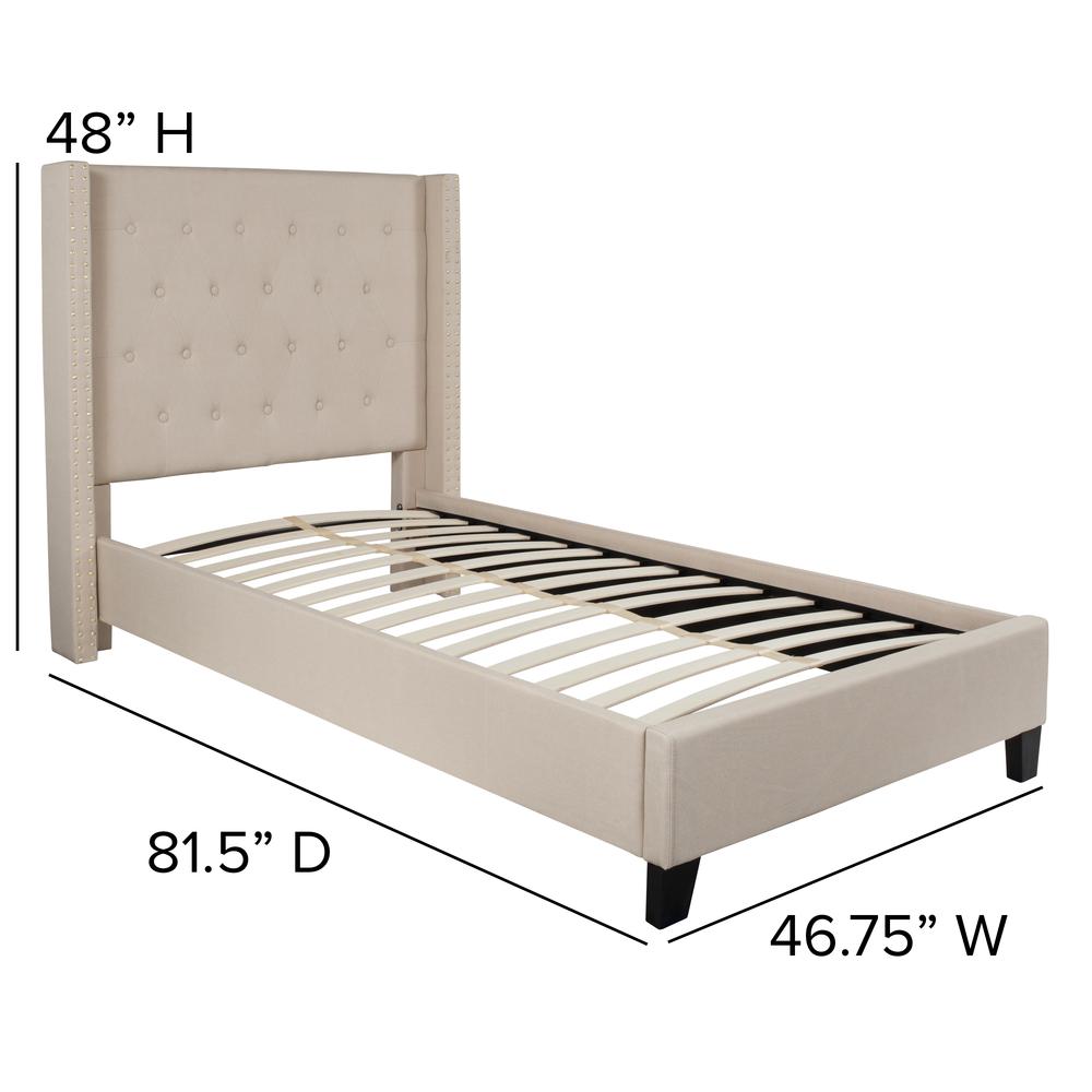 Twin Size Tufted Upholstered Platform Bed with Accent Nail Trimmed Extended Sides in Beige Fabric. Picture 2