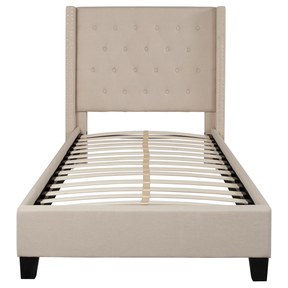 Twin Size Tufted Upholstered Platform Bed with Accent Nail Trimmed Extended Sides in Beige Fabric. Picture 3