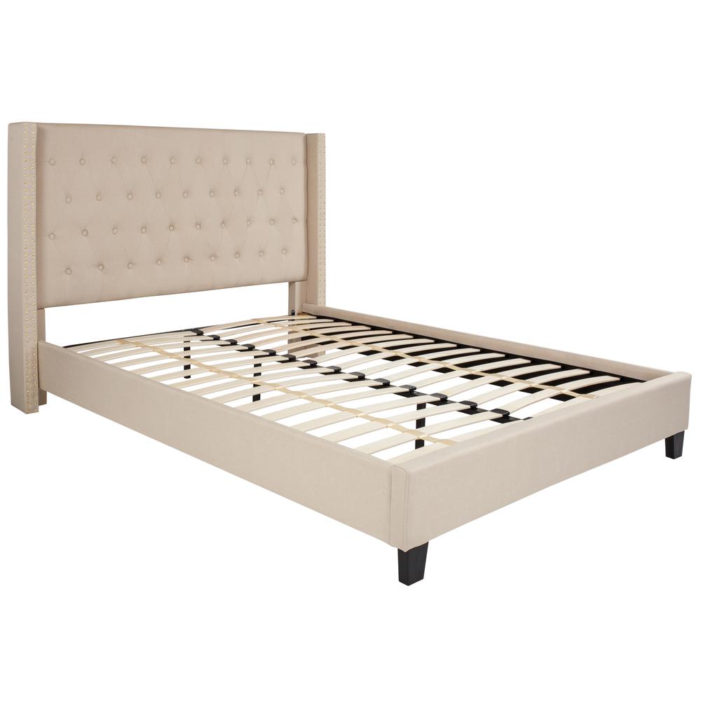 Queen Size Tufted Upholstered Platform Bed with Accent Nail Trimmed Extended Sides in Beige Fabric. Picture 1