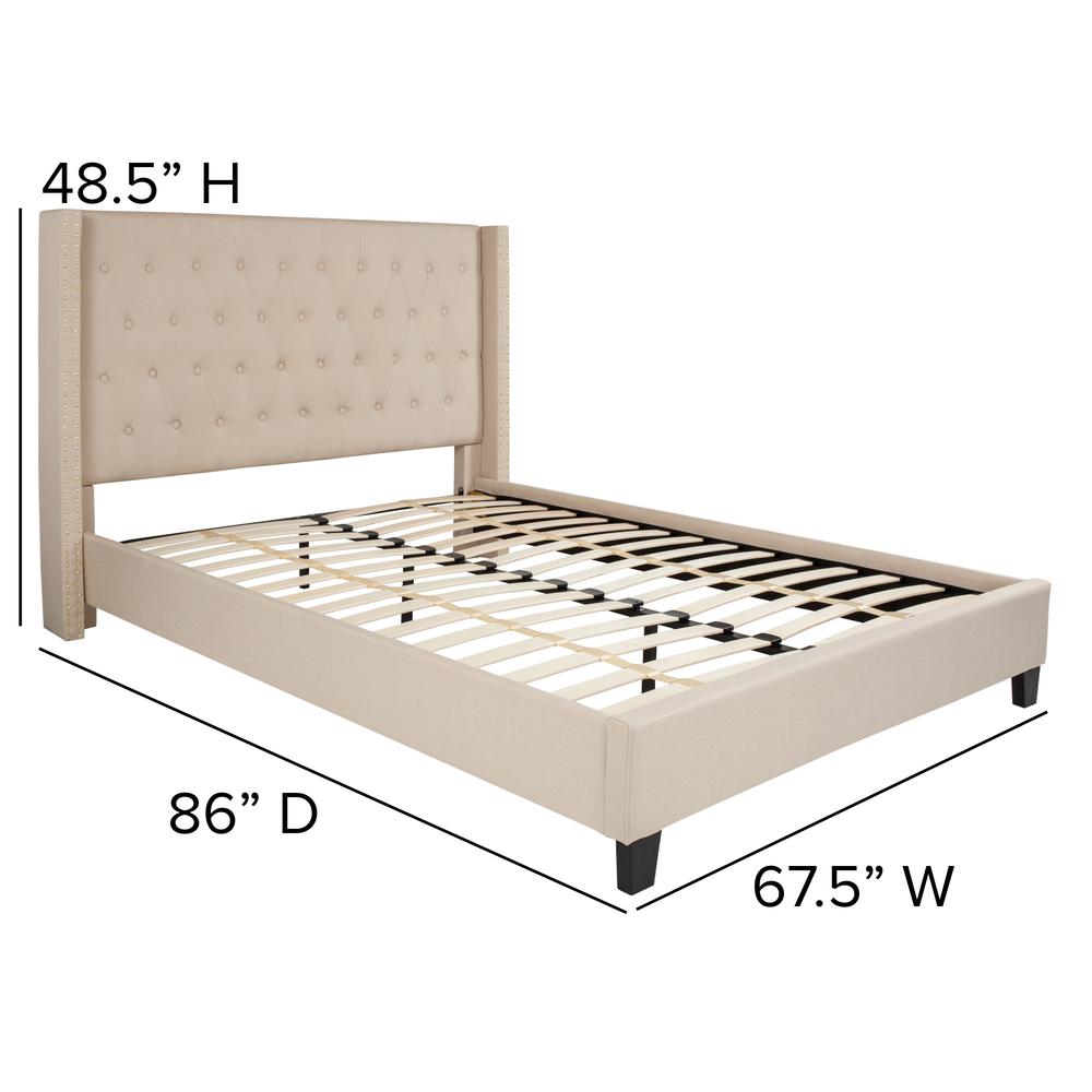 Queen Size Tufted Upholstered Platform Bed with Accent Nail Trimmed Extended Sides in Beige Fabric. Picture 2