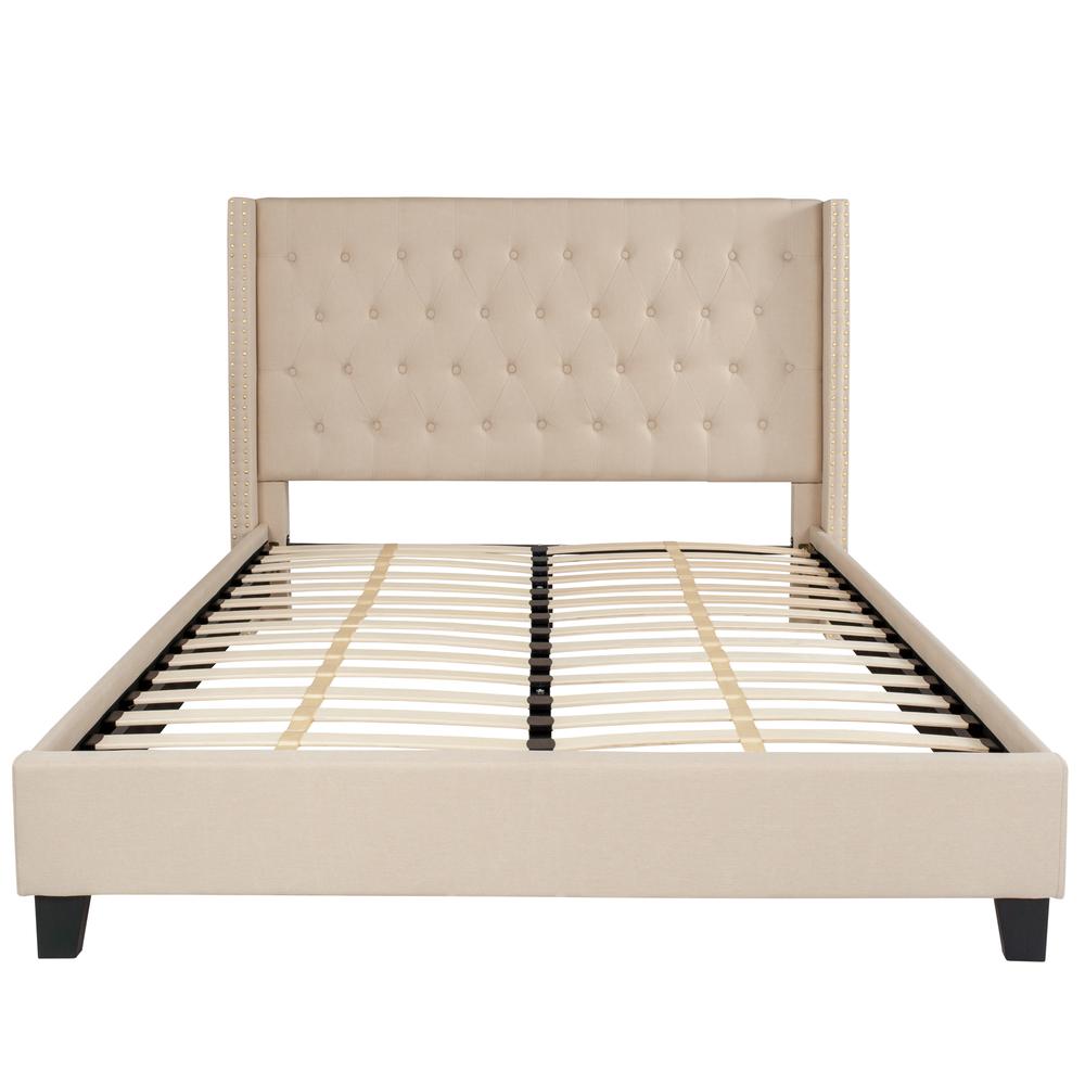 Queen Size Tufted Upholstered Platform Bed with Accent Nail Trimmed Extended Sides in Beige Fabric. Picture 3