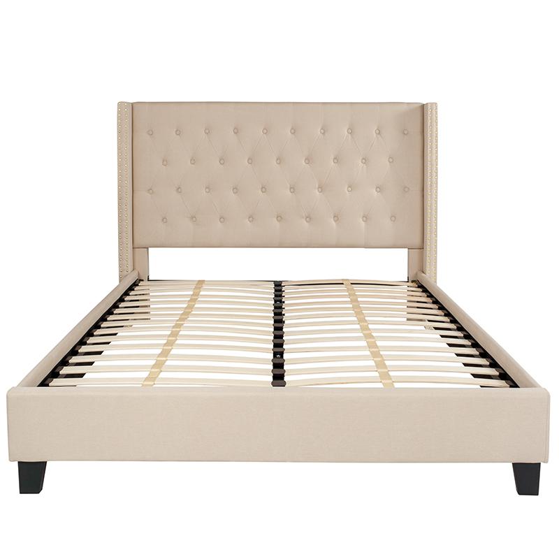 Queen Size Tufted Upholstered Platform Bed in Beige Fabric. Picture 3
