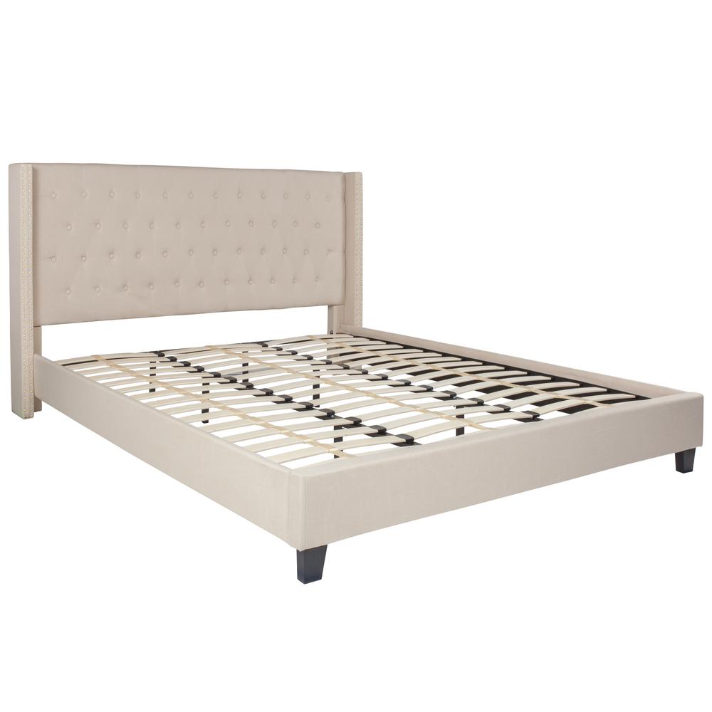 King Size Tufted Upholstered Platform Bed with Accent Nail Trimmed Extended Sides in Beige Fabric. Picture 1