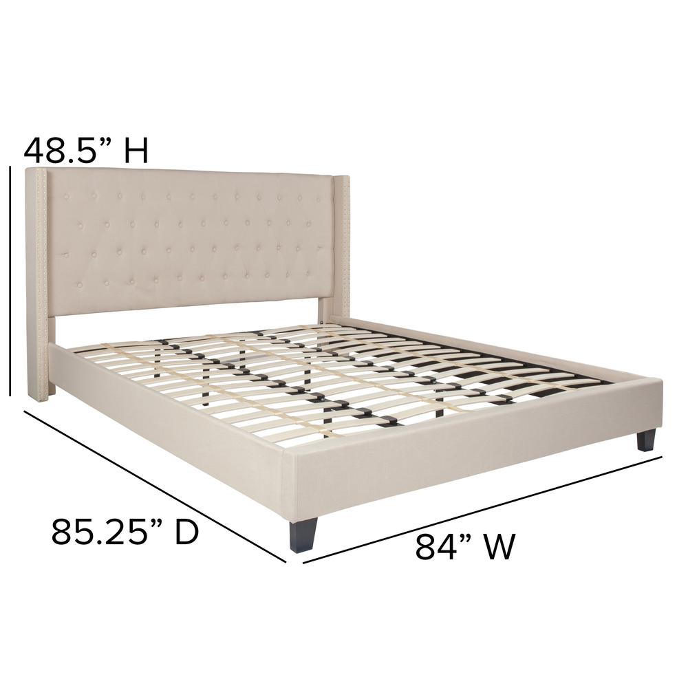 King Size Tufted Upholstered Platform Bed with Accent Nail Trimmed Extended Sides in Beige Fabric. Picture 2