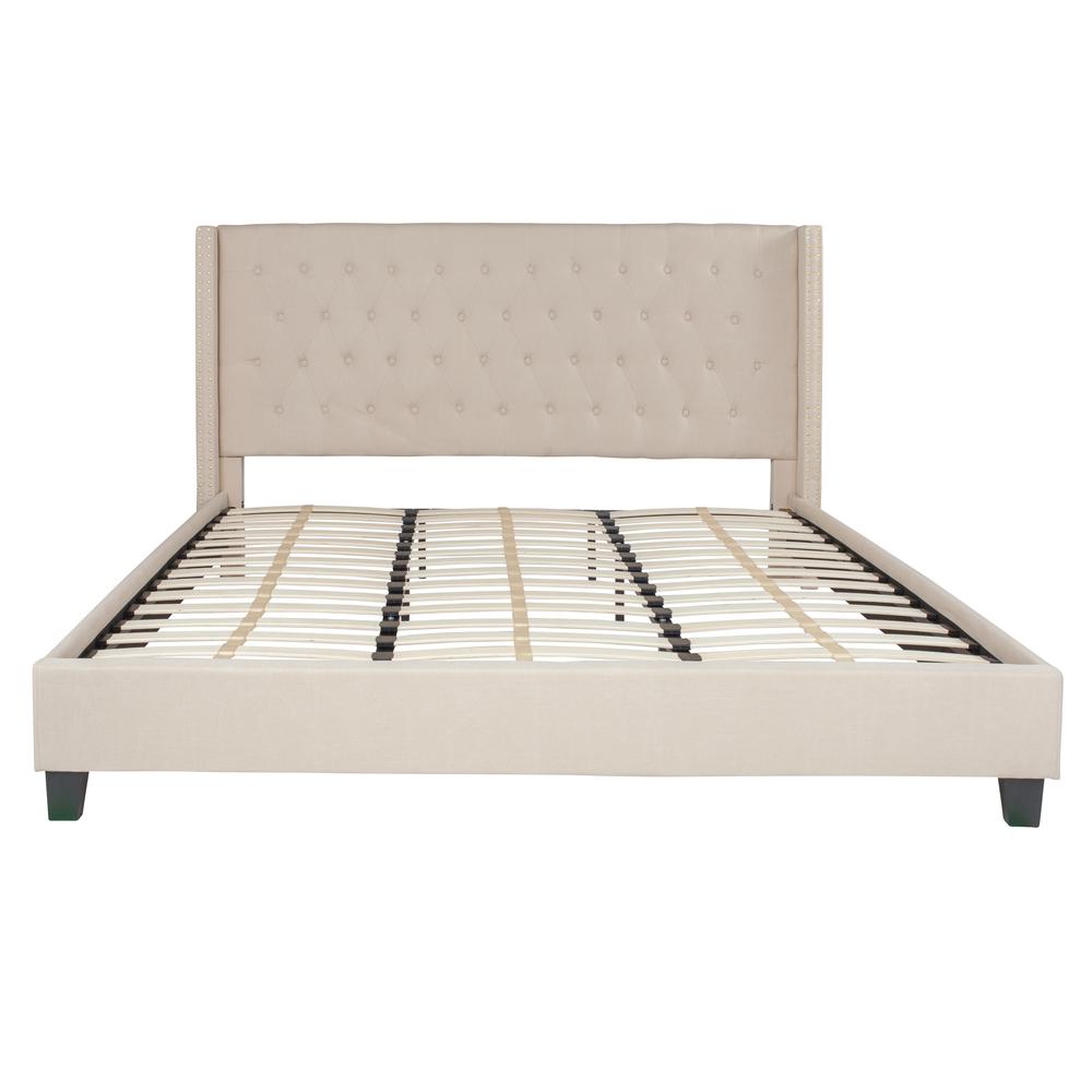 King Size Tufted Upholstered Platform Bed with Accent Nail Trimmed Extended Sides in Beige Fabric. Picture 3