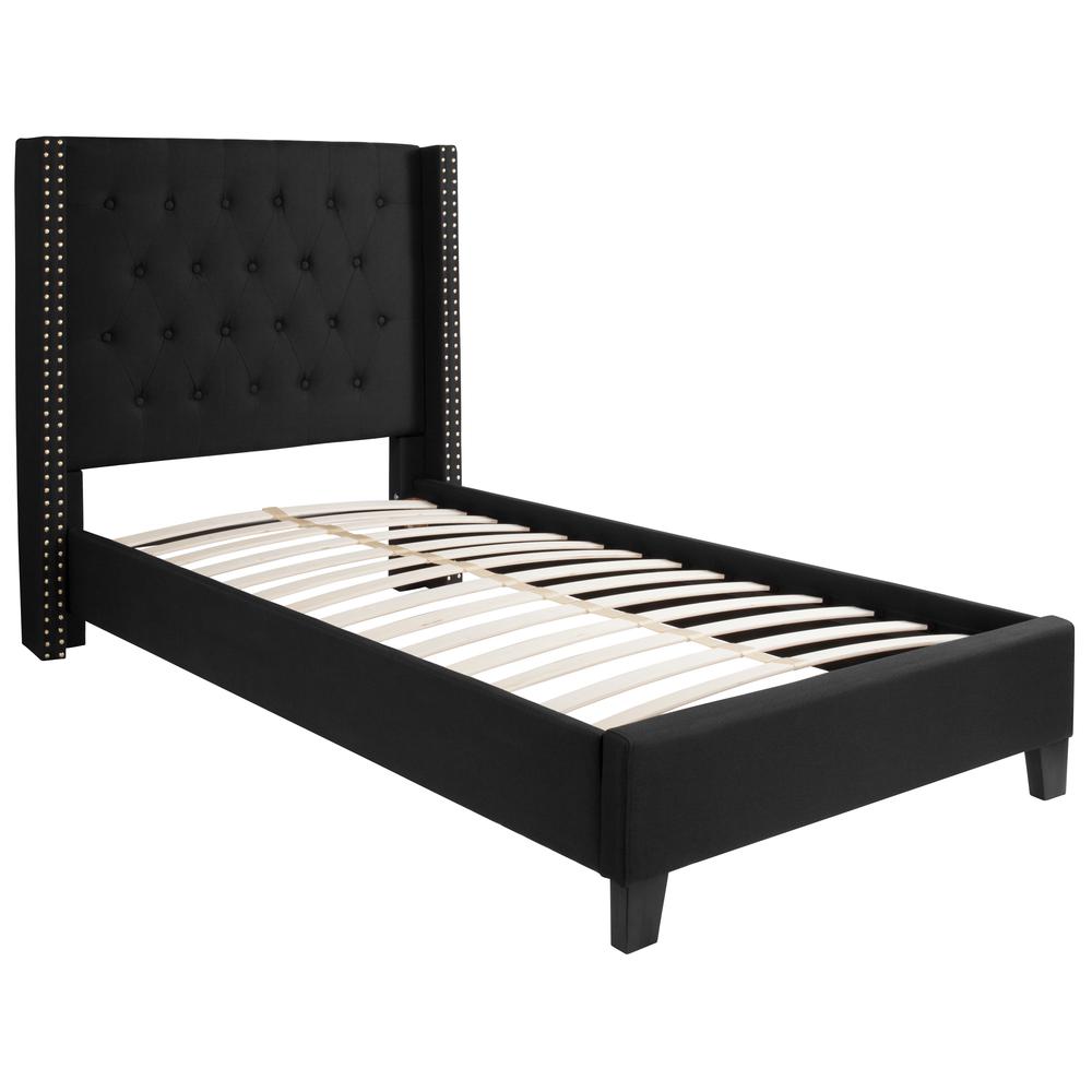 Twin Size Tufted Upholstered Platform Bed with Accent Nail Trimmed Extended Sides in Black Fabric. Picture 1