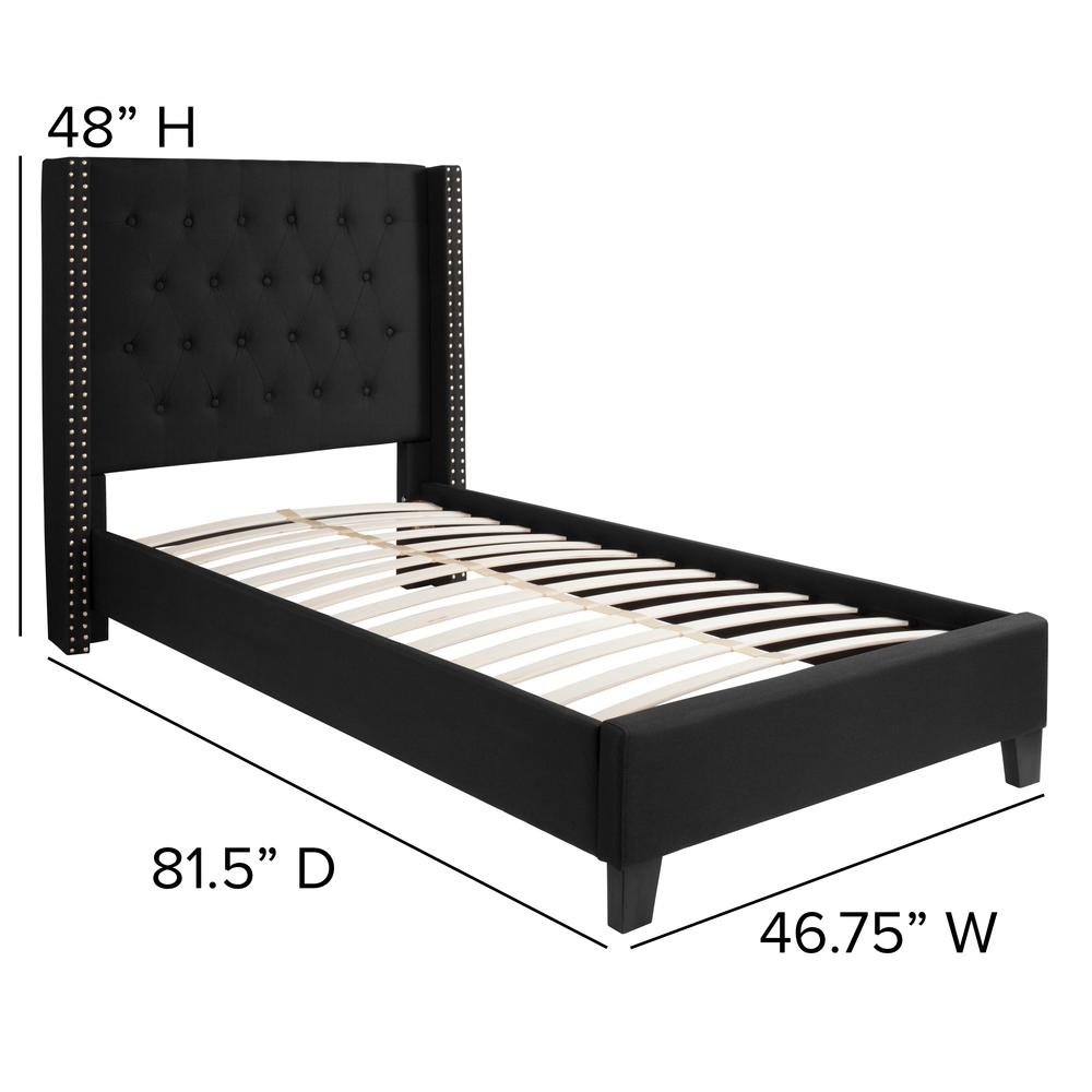 Twin Size Tufted Upholstered Platform Bed with Accent Nail Trimmed Extended Sides in Black Fabric. Picture 2