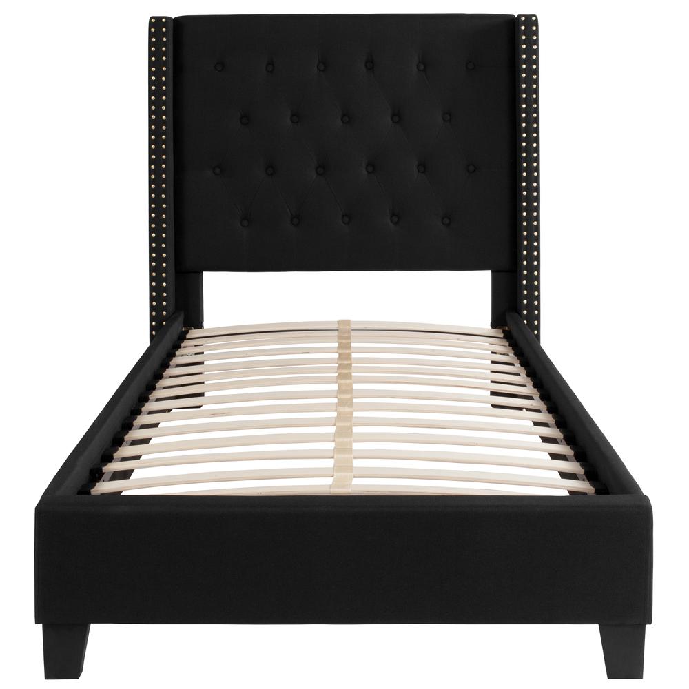 Twin Size Tufted Upholstered Platform Bed with Accent Nail Trimmed Extended Sides in Black Fabric. Picture 3