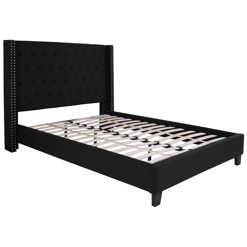 Full Size Tufted Upholstered Platform Bed with Accent Nail Trimmed Extended Sides in Black Fabric. Picture 1